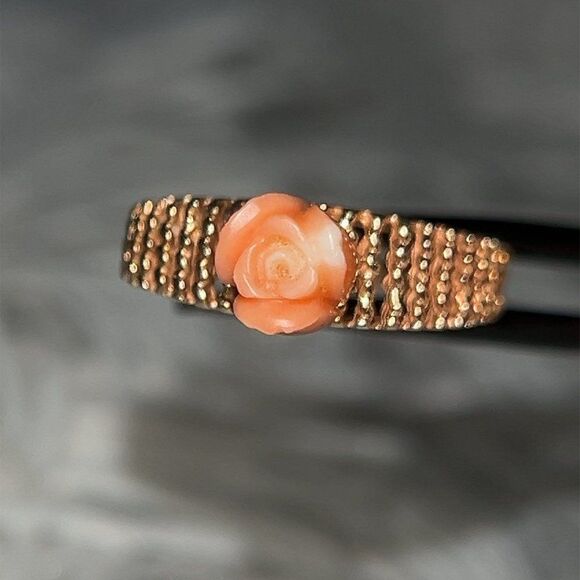 14k Coral Carved Rose Ring - Picture 3 of 10